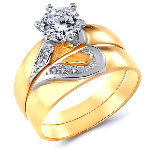Wellingsale Ladies Solid 14k Two 2 Tone White and Yellow Gold Polished CZ Cubic Zirconia Round Cut Full Heart Engagement Ring with Side Stones and Wedding Band Bridal Set - Size 4