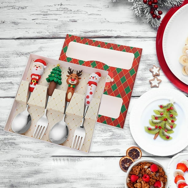 Mini Juego de Cuchara y Tenedor Navideños | Cubiertos de Postre de Acero Inoxidable Dorados y Plateados | Caja de Regalo Portátil | Utensilios para Café, Té y Sopa | Vajilla Festiva para Familias y F