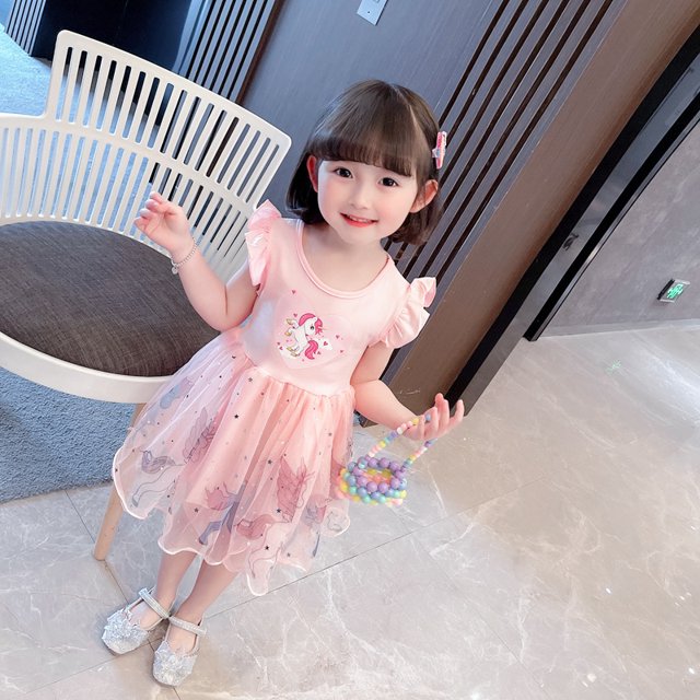 Vestido de unicornio para niñas de tamaño pequeño y mediano, vestido de princesa de hilo esponjoso, vestido de bebé de manga corta de algodón