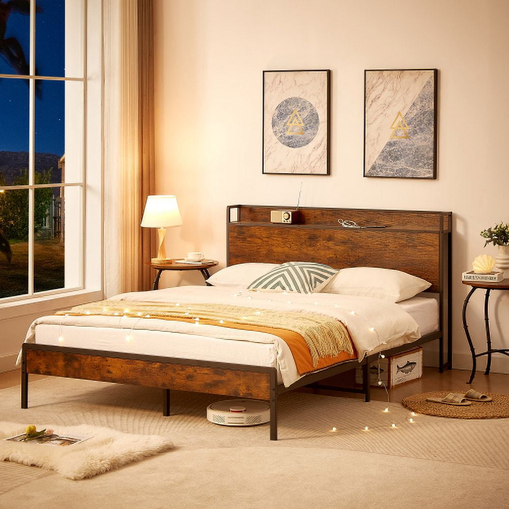 BSHTI Bed Frame with Charging Station Queen Size,Rustic Brown,87.80'' L x 61.80'' W x 39.2'' H