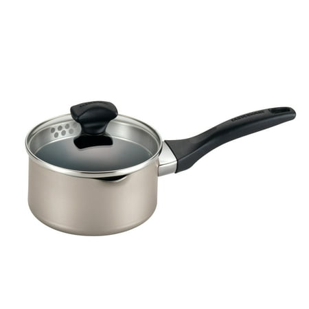 Farberware Dishwasher Safe Nonstick Aluminum 1-Quart Covered Straining Saucepan with Pour Spouts,