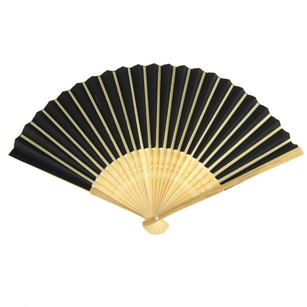 Paper Folding Hand Fan w/ Wooden Handle, 8Inch, Black
