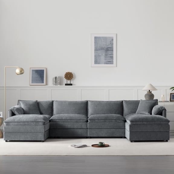 136" Chenille Modular Sectional Sofa with Deep and Wide Seat, U-Shaped Cloud Couch Set with Double Cushions, 6 Seat Sofa with Movable Ottoman, Oversized Indoor Furniture (Gray)
