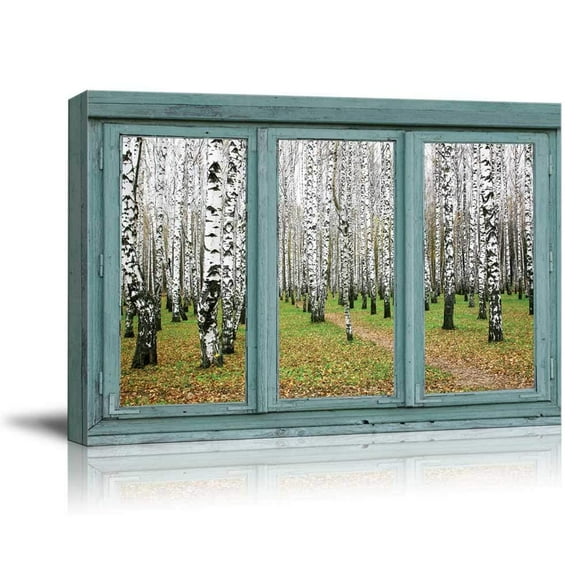 wall26 - Vintage Teal Window Looking Out Into an Aspen Forest - Canvas Art Home Art - 24x36 inches