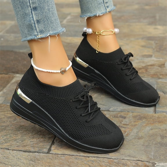 Domuza Women's Breathable Knit Wedge Sneakers, Lace Up Slip On Sock Shoes Non-Slip Platform Walking Footwear for Daily Outdoor Casual Wear Black 10.5(EU-44)