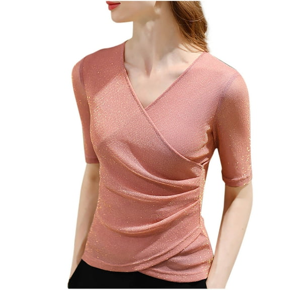 tarylea Top for Women Half Sleeve Shirts Crossover V Neck Mesh Underwear Shiny Silk See Through Tshirt Fitted Dailywear