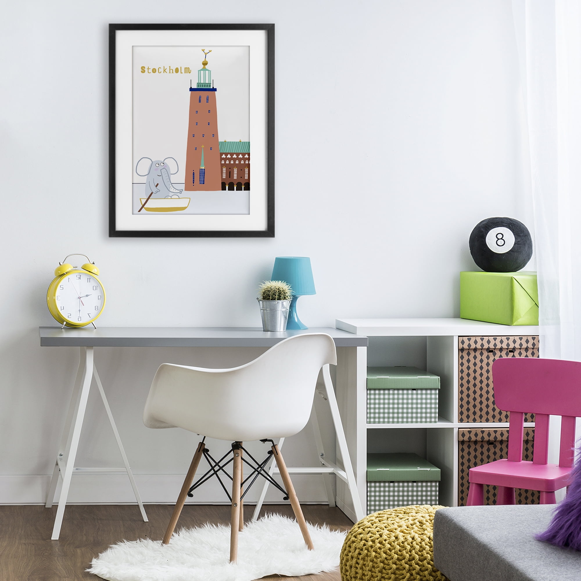 Elephant in Stockholm Boat Black Framed Print Under Glass, design by Carla Daly