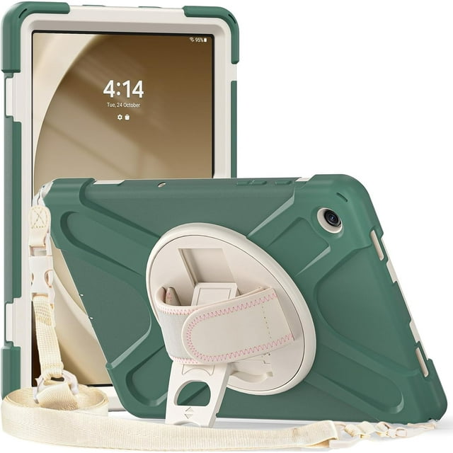 KOMI Rugged Case for Samsung-Galaxy-Tab-A9+Plus Case 11'' 2023 with 360° Rotatable Kickstand, Portable Heavy Duty Hybrid Shock-Proof Armor Cover w/Hand-Shoulder-Strap SM-X210/X216/X218 Green