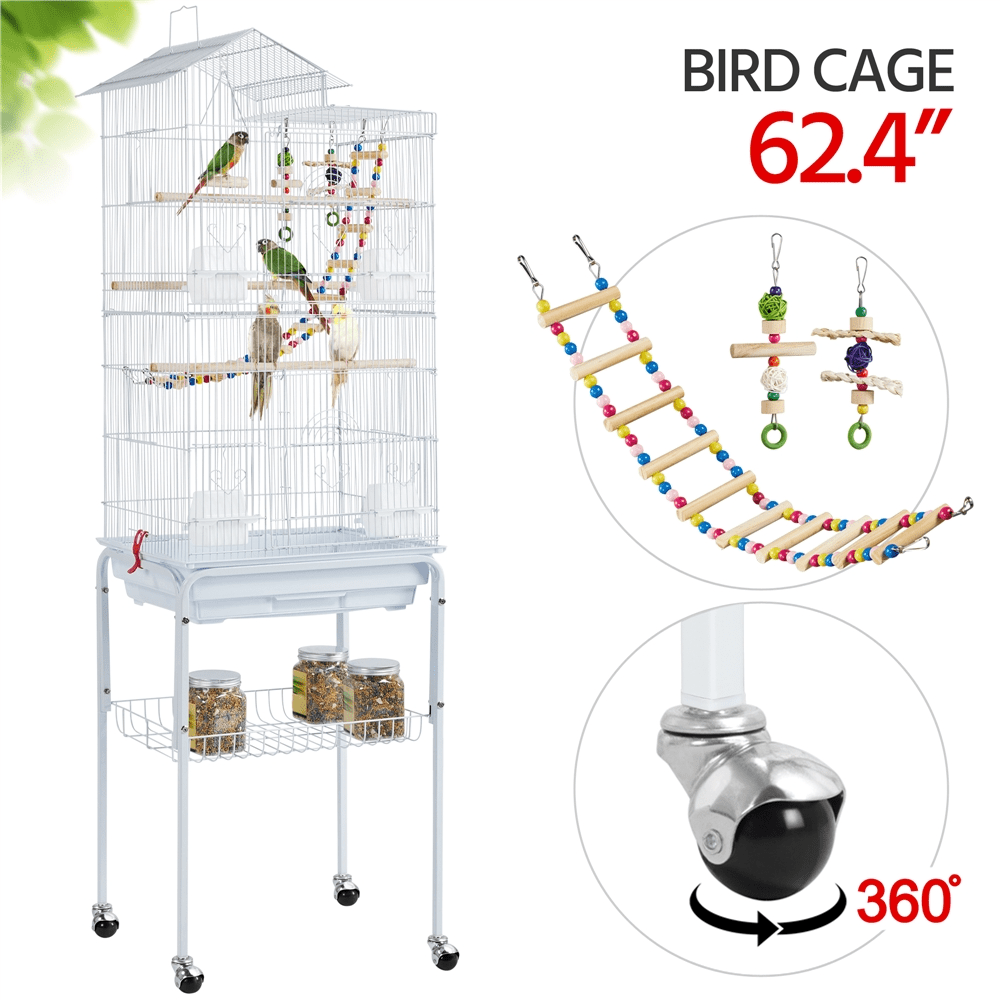 Yaheetech 62.4"H Rolling Metal Birdcage Parrot Cage with Detachable Stand, White