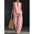 thumbnail image 3 of Women 2 Piece Outfits Halter V Neck Sleeveless Top and Wide Leg Pants Set with Pockets Pink XXXL, 3 of 6