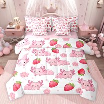 jejeloiu Ocean Life Axolotl 7pcs Bedding Comforter Set,Cute Strawberry Floral Queen Bedding Sets For Sealife Lover Reversible