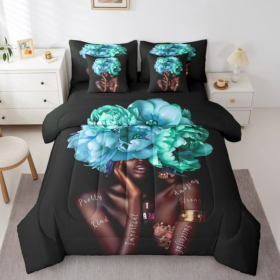 Erosebridal Black Princess Bed in a Bag Twin size, Modern Fashion Bedding Twin Size, Cyan Flower Floral Reversible Bed Set, Super Cozy Room Decorative, 7pcs