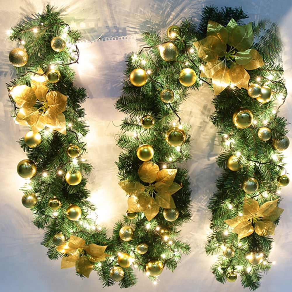 Pre Lit 1.8m & 2.7m Gold Staircase Christmas Garland Swag Warm White Lights 