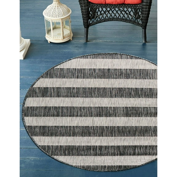 Unique Loom Outdoor Striped Collection Area Rug - Distressed Stripe (12' Round Charcoal Gray/Ivory)