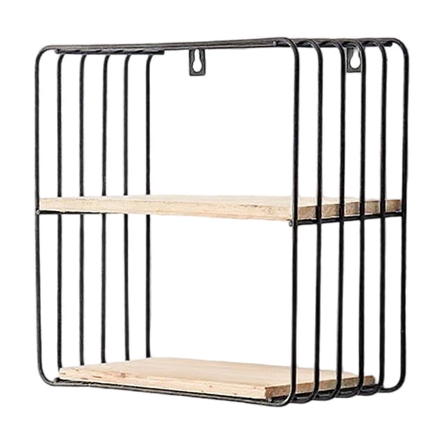 Estante de pared cuadrado de doble capa, instalación sin taladros, almacenamiento de pared de hierro, estante geométrico para sala de estar, dormitorio, acabado en negro dorado, construcción robusta,