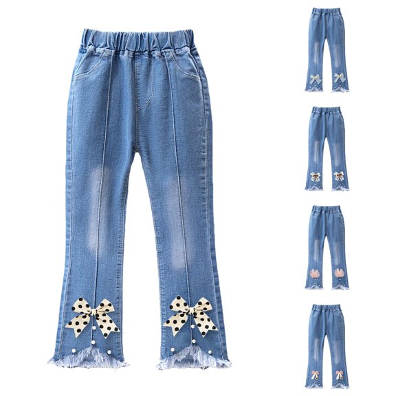 CUZIBR Girls Baby Toddler Stylish Flared Denim Pants Embroidered Jeans Elastic Ruffle Waist Raw Fringe Hem Washed Casual Bottoms Relax Fit Fashionable Summer Trousers,Light Blue,11-12 Years