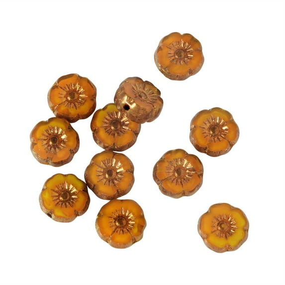 Czech Glass Beads, Hibiscus Flower 9mm, Orange Opaline with Bronze Finish, 1 Strand, by Raven's Journey