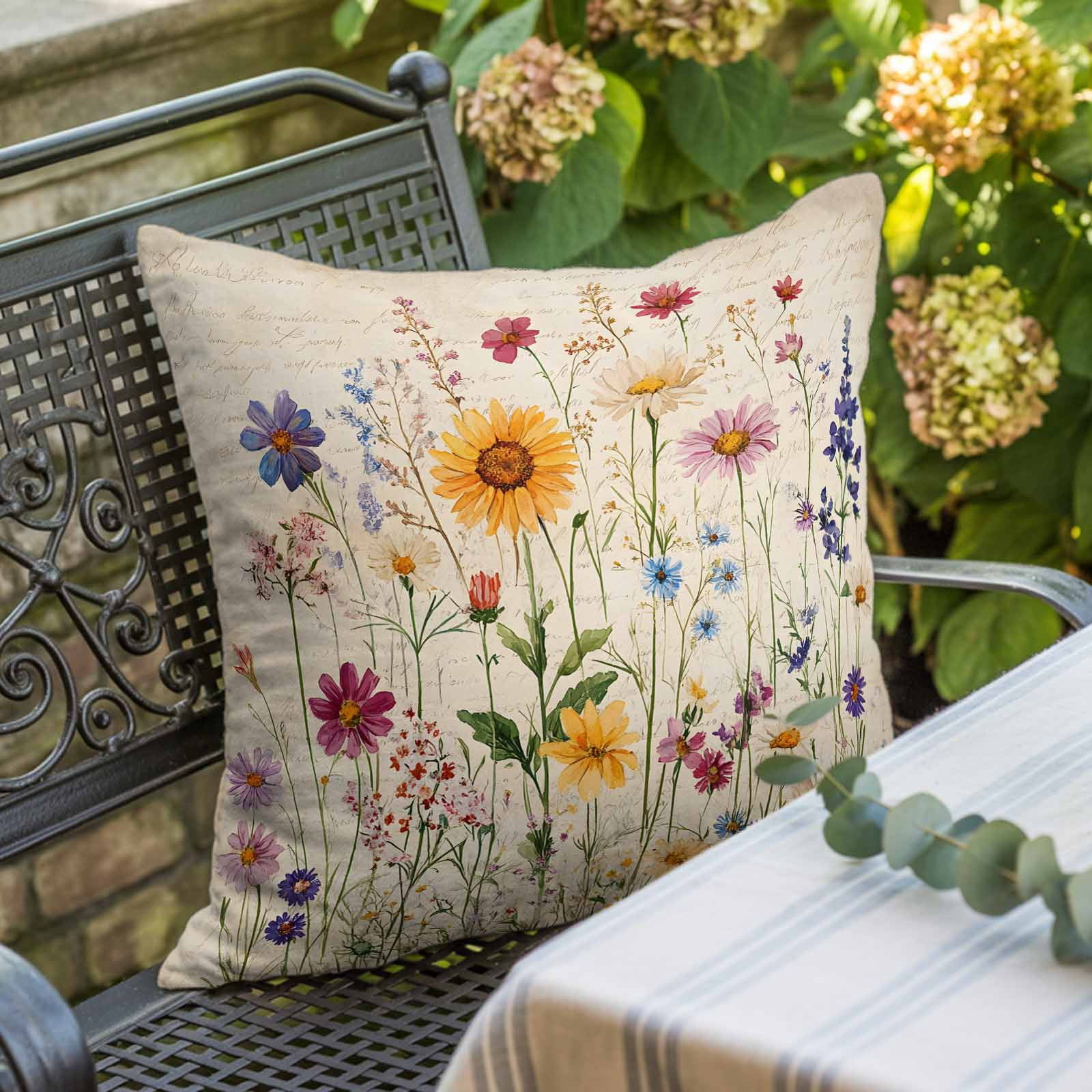 Spring Floral Pillow Covers 18x18 Inch, Vintage Pastoral Rustic Botanical Flowers Linen Pillowcase with Invisible Zipper, Decorative Throw Pillow Covers Cushion Case for Couch Sofa Bed Living Room