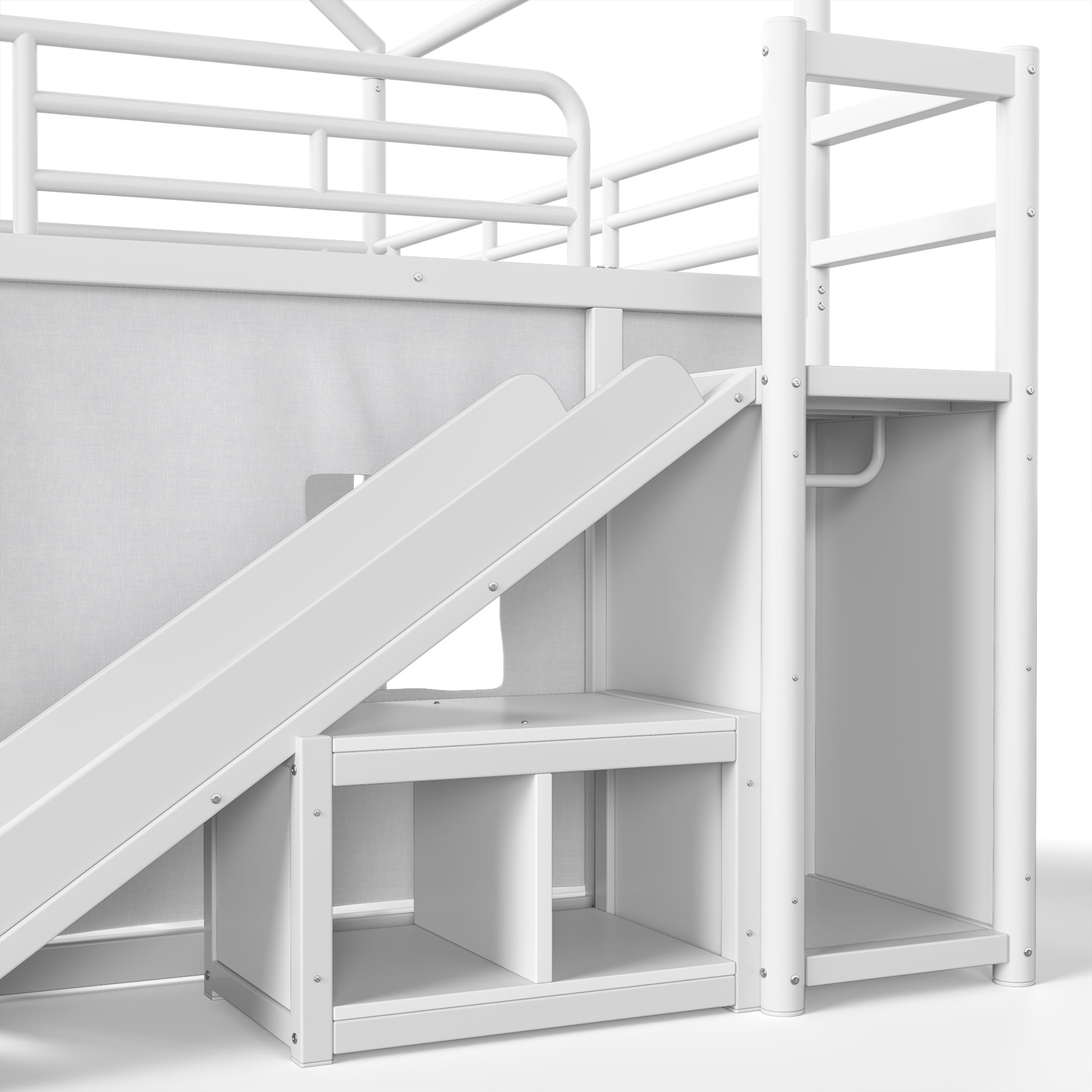 GDF Studio Full over Full Playhouse Bunk Bed with Slide, Ladder, LED Light, Cabinet & Curtain Rod, White