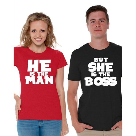 Awkward Styles He Is the Man But She Is the Boss Shirts for Couples Man Boss Matching Husband and Wife Couple Shirts She Is the Boss Funny Couple T Shirt Happy Valentines Day Couple Anniversary Gifts