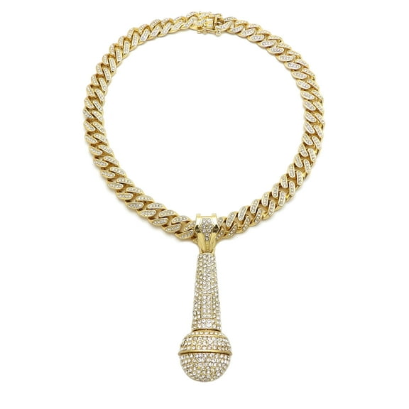 Stone Stud Microphone Pendant with 12mm 18" Iced Out Miami Cuban Chain Necklace in Gold-Tone