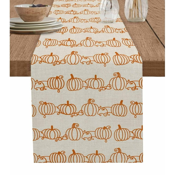 Thanksgiving Pumpkin Fall Burlap Cotton Table Runner 13x72 Inches Long, Simple Lines Beige Country Farmhouse Table Runners, Outdoor Dining Tablecloths Decor for Baby Shower/Party/Wedding