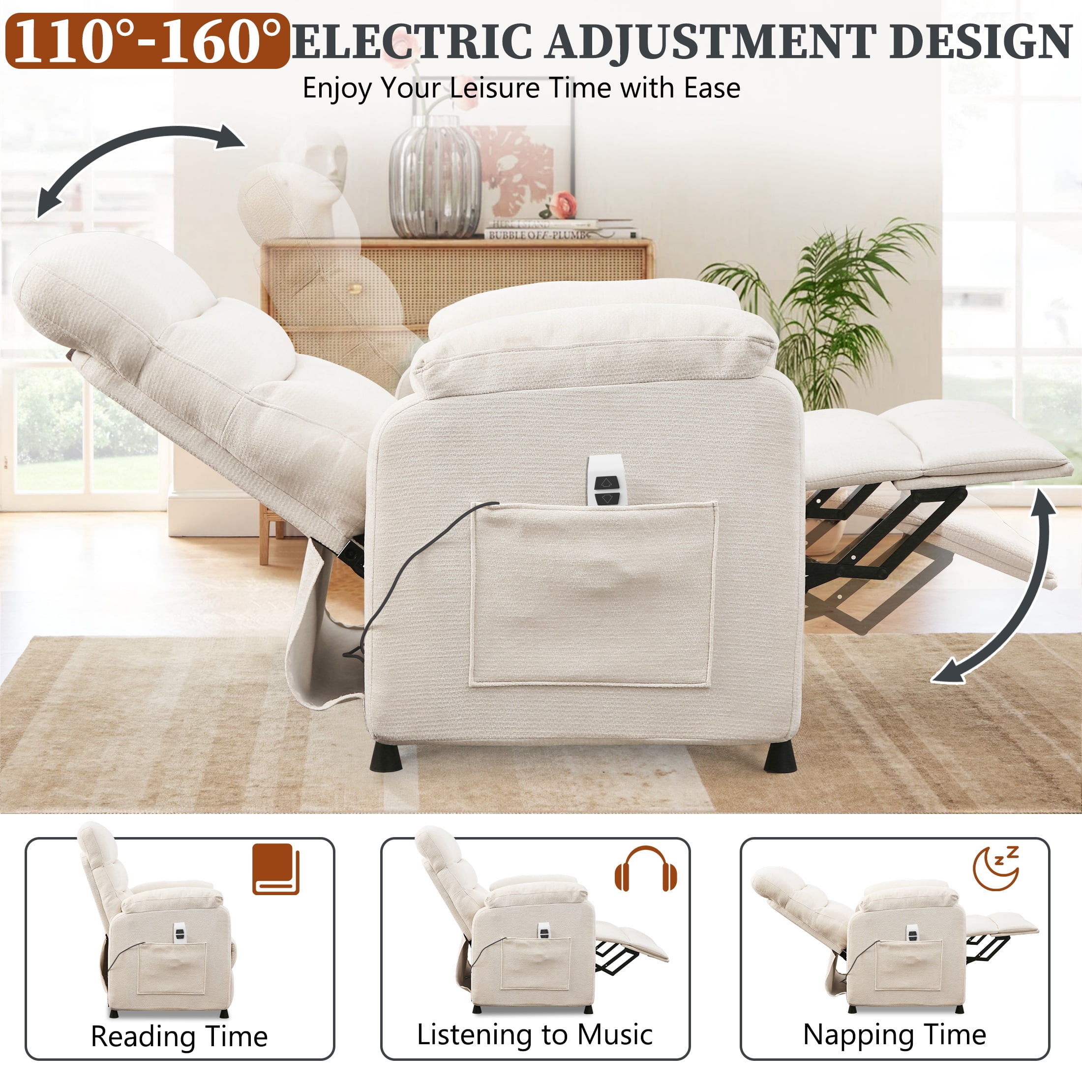Power Recliner Chair, Holaki Electric Power Recliner with Side Pocket and Remote, Modern Chenille Fabric Recliner Chairs for Adults, Small Recliner for Small Space Nursery Living Room, Beige
