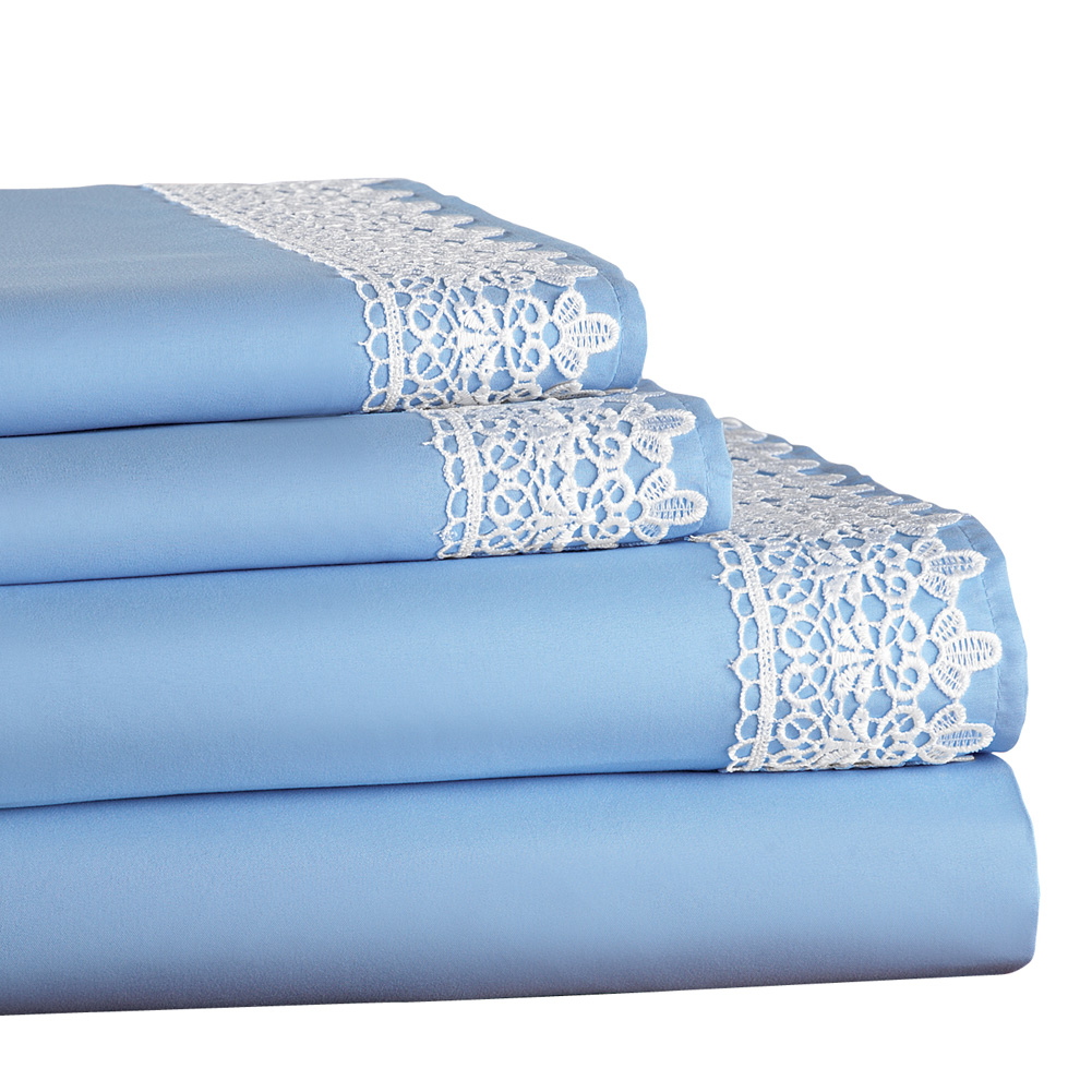 White Lace Applique Trim Complete Bed Sheet Set, Light Blue, Twin