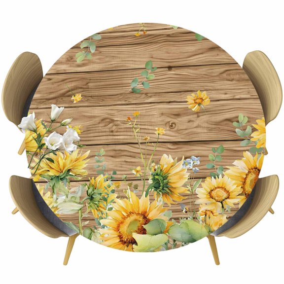 Sunflower Round Tablecloth 36-44 Inch Round Fitted Table Cloth with Elastic Edge, Summer Eucalyptus Botanical Floral Brown Wooden Waterproof Table Cover Protector for Outdoor Picnic Party Dining