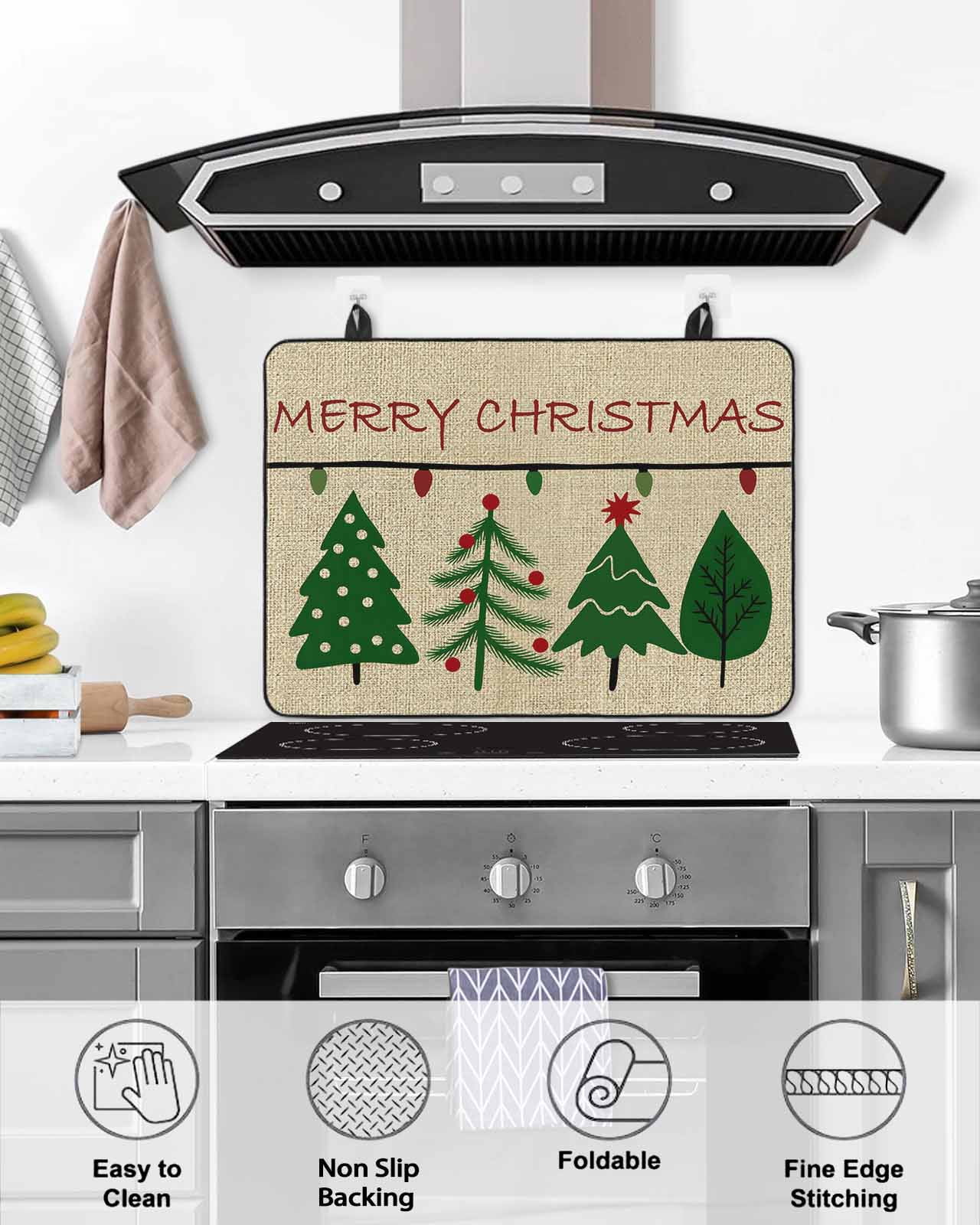 Large Induction Cooktop Protector Mat Christmas Stove Top Covers for Electric Stove, Farmhouse Retro Winter Xmas Green Pine Trees Decorative Stove Burner Cover Mats, Glass Top Stove Cover