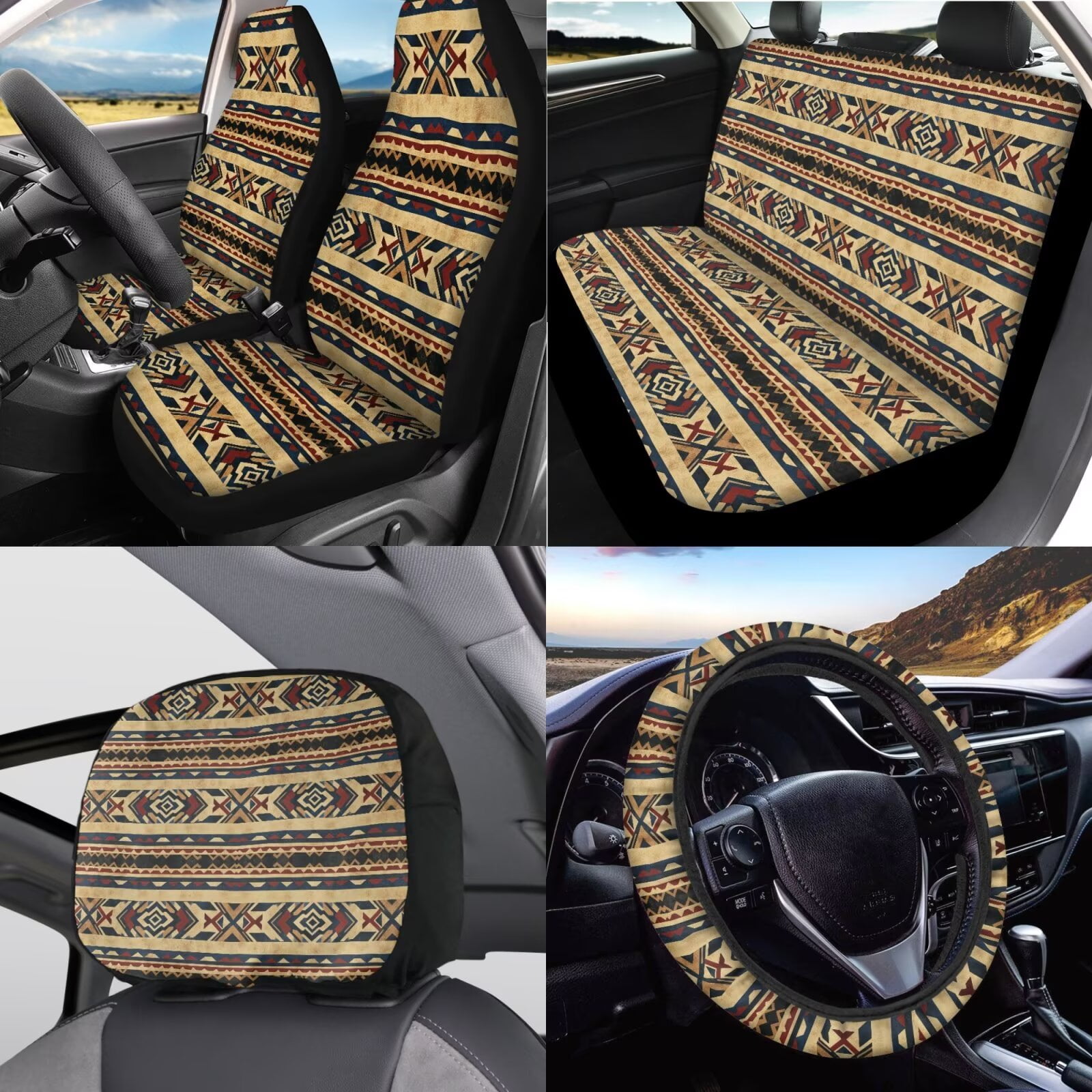 Garronmavis Aztec Geometry Car Seat Covers Full Set Tribe Style with Steering Wheel Wrap Gear Shift Cover Handbrake Sleeve Headrest Protectors Cup Coaster Fit for Most Sedan Van Truck