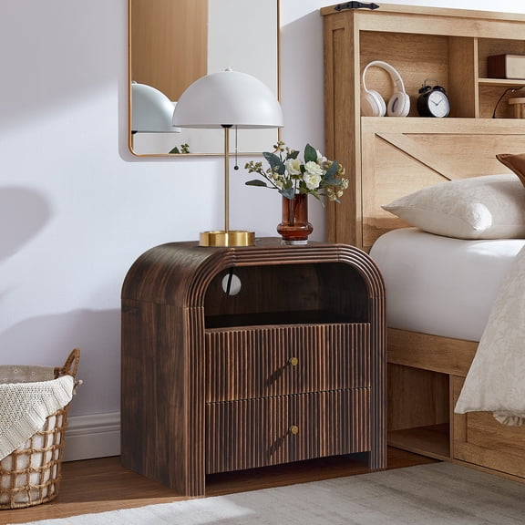 KeyWhat Fluted Nightstand with Charging Station, Modern End Table with 2 Drawers and Metal Handles for bedroom/living room, Dark Walnut