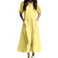 thumbnail image 1 of Vestido camisero largo con bolsillos y manga corta liso para mujer, poliéster spandex, estilo informal similar al lino, tallas S-XXXXXL, 1 of 5