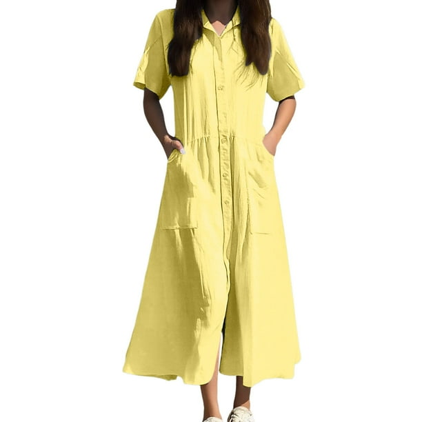 Vestido camisero largo con bolsillos y manga corta liso para mujer, poliéster spandex, estilo informal similar al lino, tallas S-XXXXXL