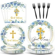 God Bless Baptism Plates and Napkins First Holy Communion Party Tableware Set Christening Ceremony Newborn Dinnerware Cross Blue Floral Plate Fork for Mi Bautizo Baby Shower Decor Supplies Serve 24