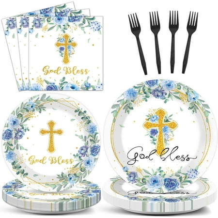God Bless Baptism Plates and Napkins First Holy Communion Party Tableware Set Christening Ceremony Newborn Dinnerware Cross Blue Floral Plate Fork for Mi Bautizo Baby Shower Decor Supplies Serve 24