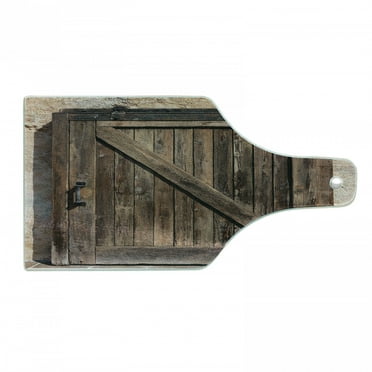 Rustic Cutting Board, Aged Wooden Sliding Barn Door Vintage Texture Architectural Farm House Print, Decorative Tempered Glass Cutting and Serving Board, Wine Bottle Shape, Brown Beige, by Ambesonne
