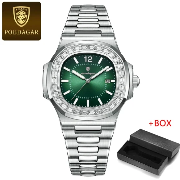 POEDAGAR Luxury Man Quartz Watch Square Watch For Men Waterproof Luminous Date Stainless Steel Men's Watches Sports Clock