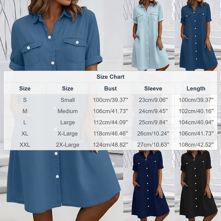 walmart denim shirt dress Scaling Women Women's Button Down Denim Shirt Dress Collared Puff Long Sleeve Jean Mini Dresses Summer Fall Casual Trendy Pleated A-Line Dress, Size: