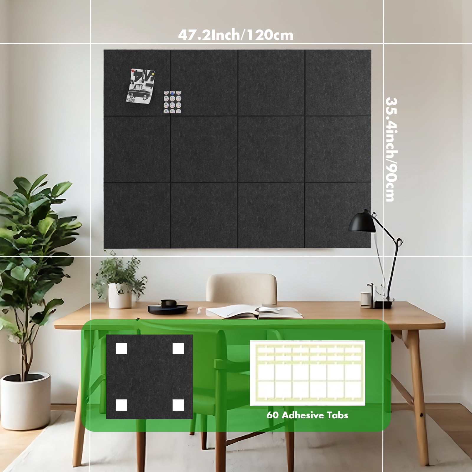 Large Cork Board for Office Decor,48"x36"-12 Pack Felt Wall Tiles with Safe Removable Adhesive Tabs, 1/2" Thick Felt Bulletin Board,Cork Boards for Walls Pin Board - Gray Marble