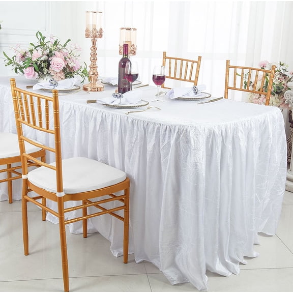 Wedding Linens Inc. 8' (96"x30") Rectangular Ruffled Fitted Crushed Crinkle Taffeta Tablecloth With Skirt - White