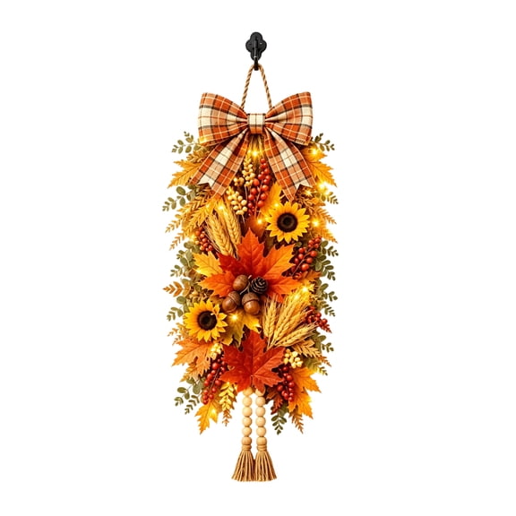 Rustic Wooden Pumpkin Door Hanging with Warm LED Lights, Rustic White Pumpkin Hanging Swag, Fall Decor Gift, Glowing Wreath, Farmhouse Porch Front Door Decoration Home(B)