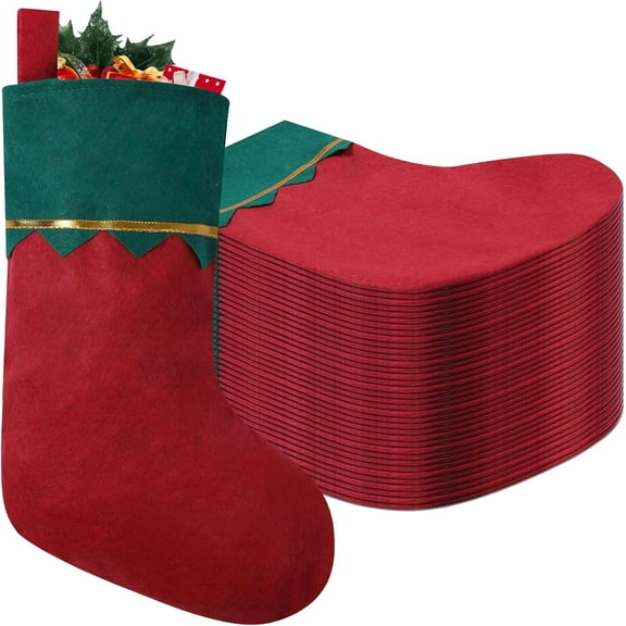 Felt Red and Green Christmas Stockings, 15 Inches Personalized Christmas Stockings, White Cuff with Gold Trim DIY Christmas Stockings for Family Holiday Christmas Party Decorations