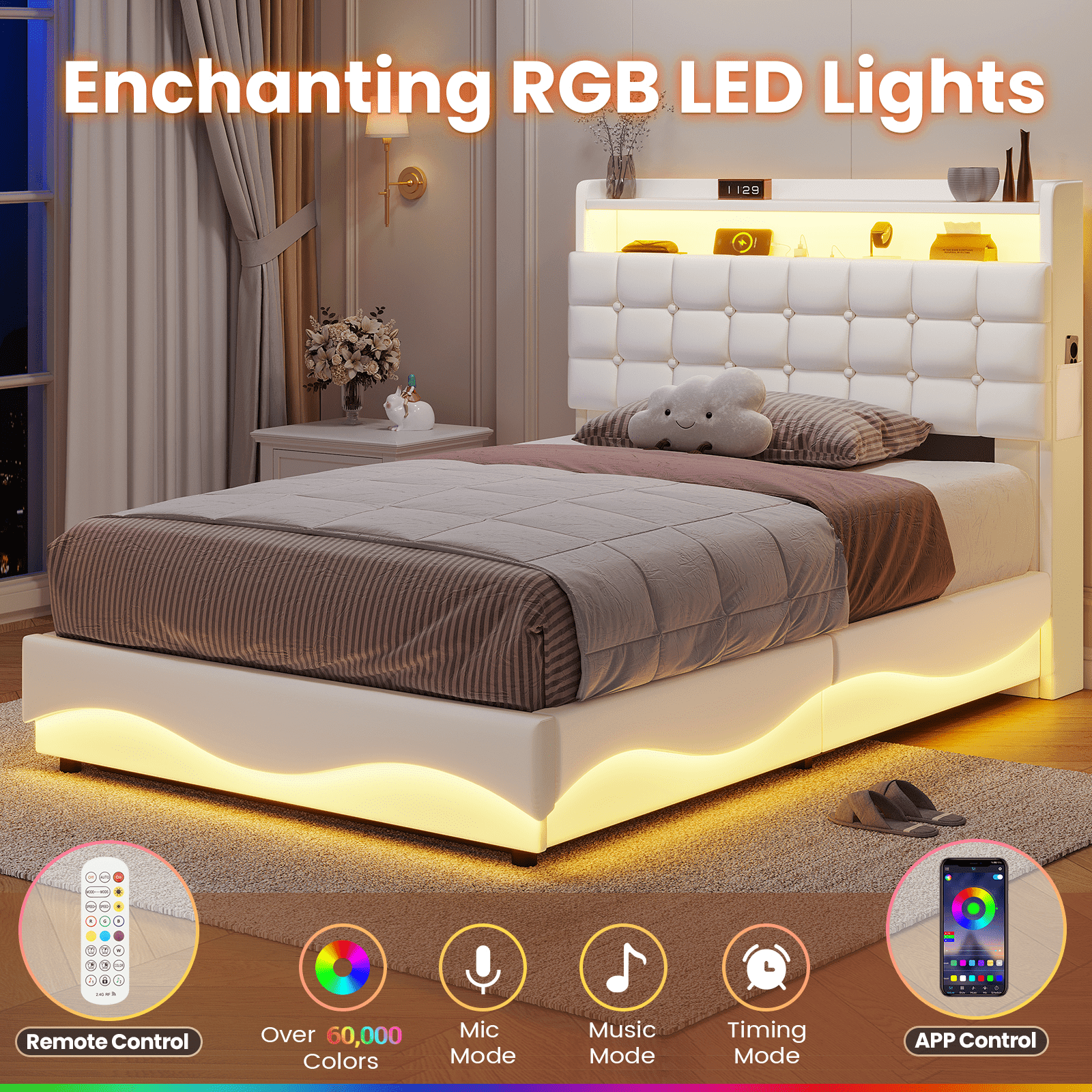 Amuzer Twin Size Bed Frame with Lift Up Storage, Power Outlet,LED Lights Storage Headboard,Twin Velvet Upholstered Bed, No Box Spring Needed,Creamy White