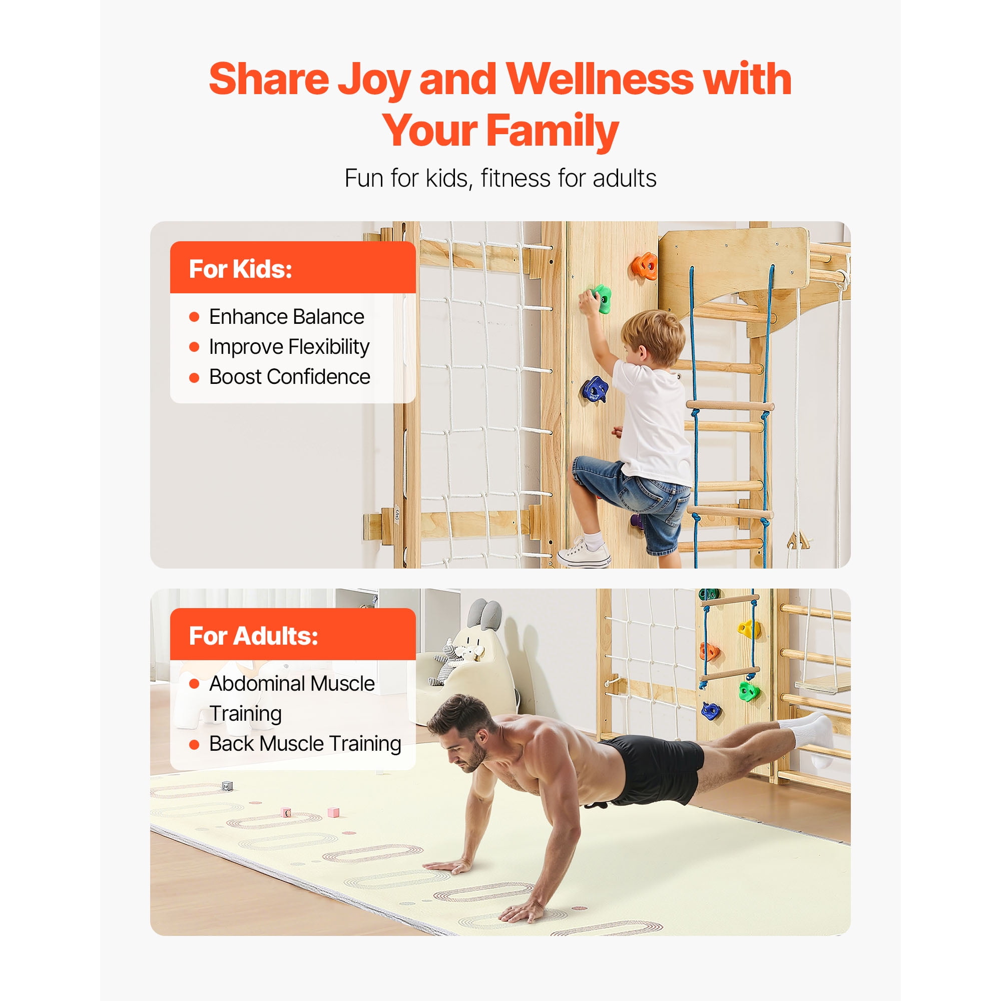 KFFKFF Swedish Ladder Wall Gym, 9-in-1 Adjustable Wooden Gymnastic Stall Bars for Kids and Adults, 220LBS Indoor Fitness Station with Climbing Wall, Rings, Pull-Up Bar, Slide, Swing, and More