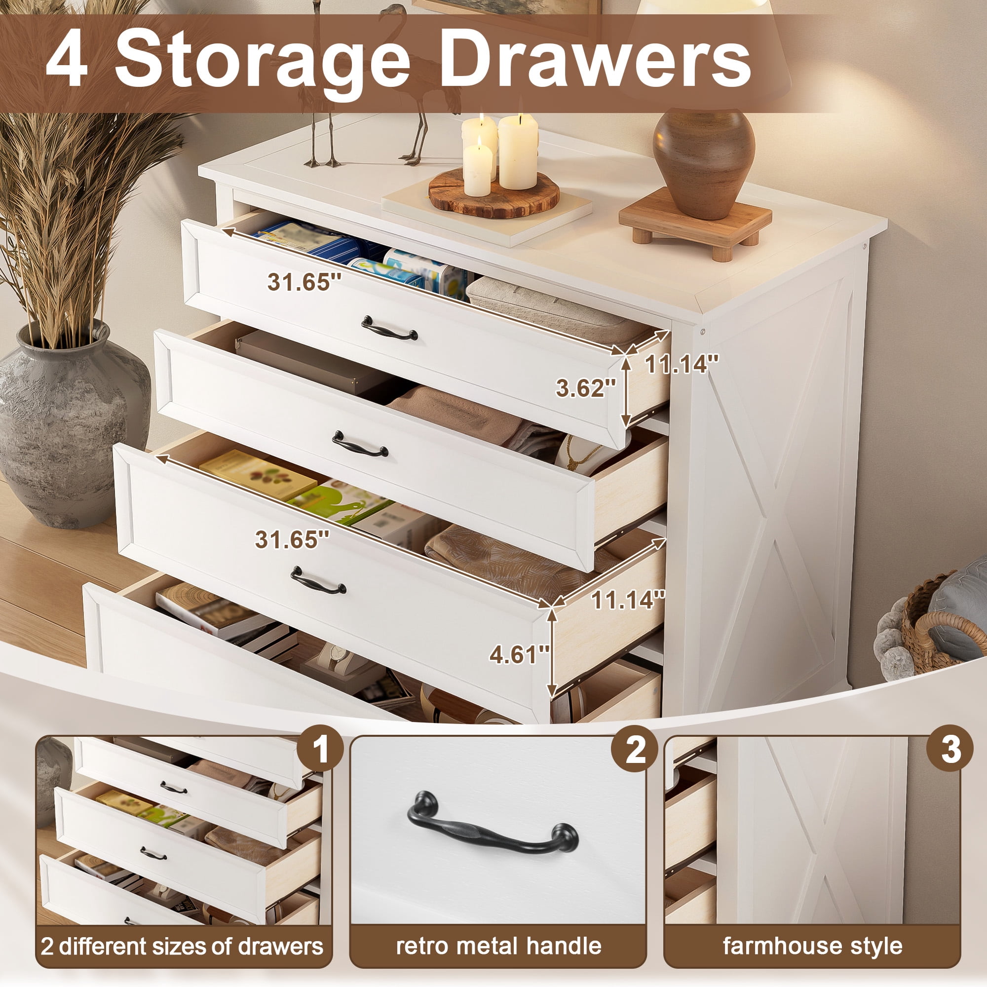 Mintazer 4 Piece Farmhouse Bedroom Set, Bedroom Furniture Set with Queen Size Platform Bed Frame and 2 Nightstands & Dresser for Bedroom, White