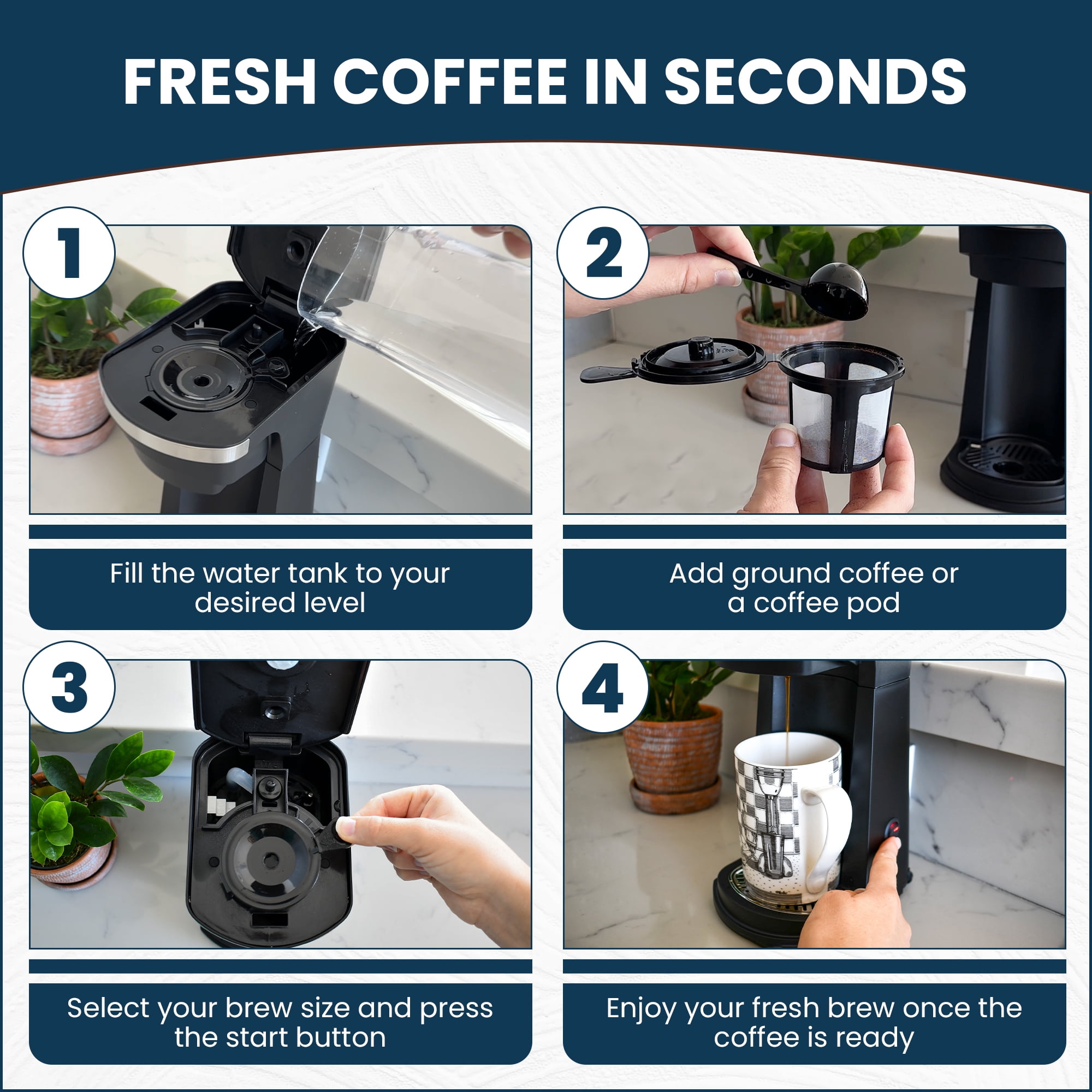 CULINARY CHEF 2-in-1 Single Serve K Cup Coffee Maker with Reusable Stainless Steel Mesh Grounds Pod, Optimal Brew Temperature for Hot, French, Italian, or DIY Iced Blends, Black