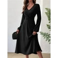 thumbnail image 4 of Long Sleeve Wedding Guest Dress for Women V-Neck Twist Waist Cocktail Party Maxi Dresses Black L, 4 of 7