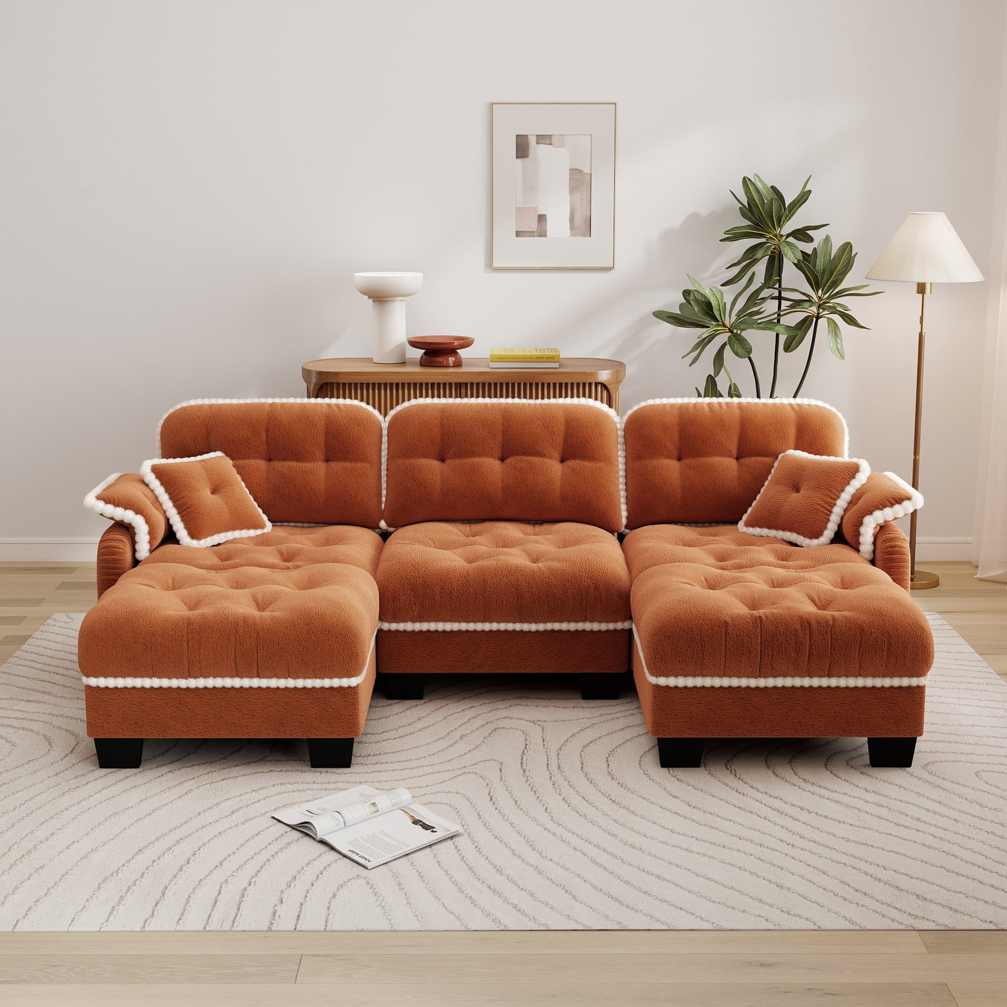 Aenkyo 100.7" Chenille Modular Sectional Sofa with 2 Movable Ottomans, 3-Seater, Orange