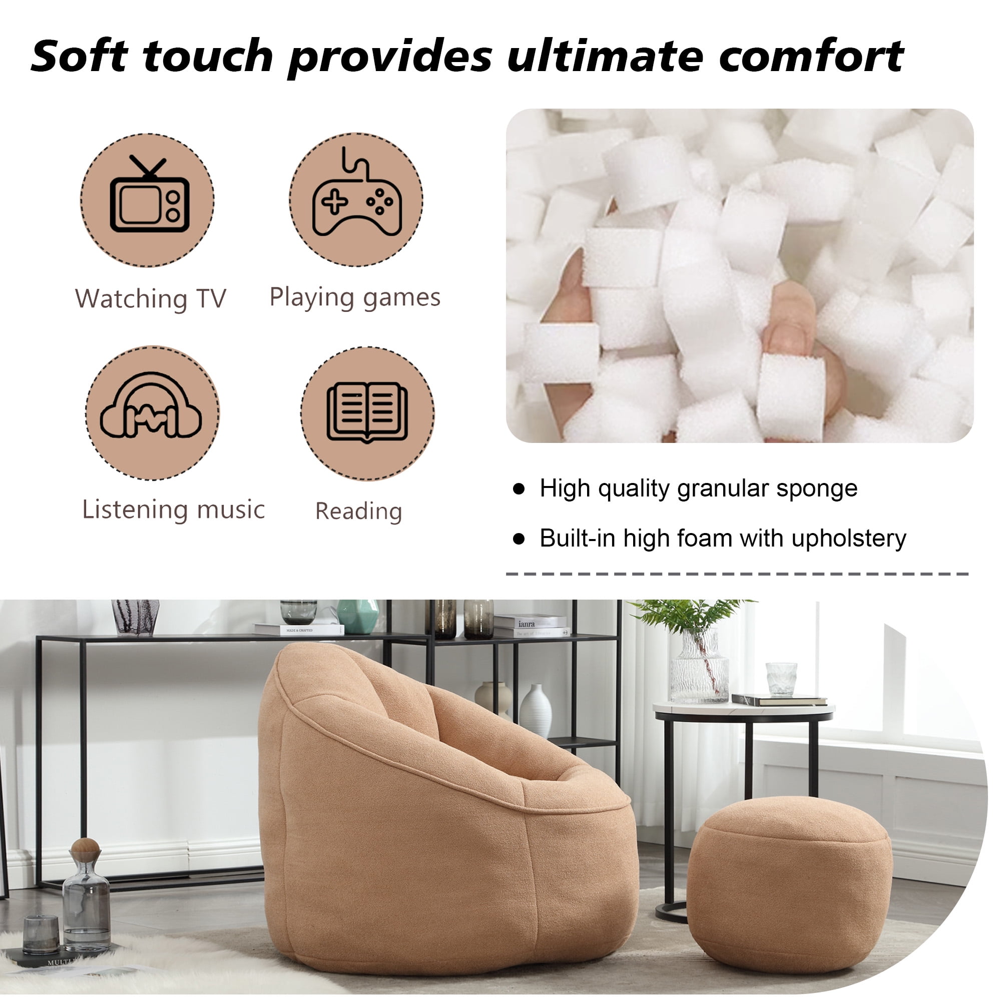 MOONMISS Microfiber Upholstered High Pressure Foam Round Lazy Bean Bag Sofa Chair with Ottoman-Tan